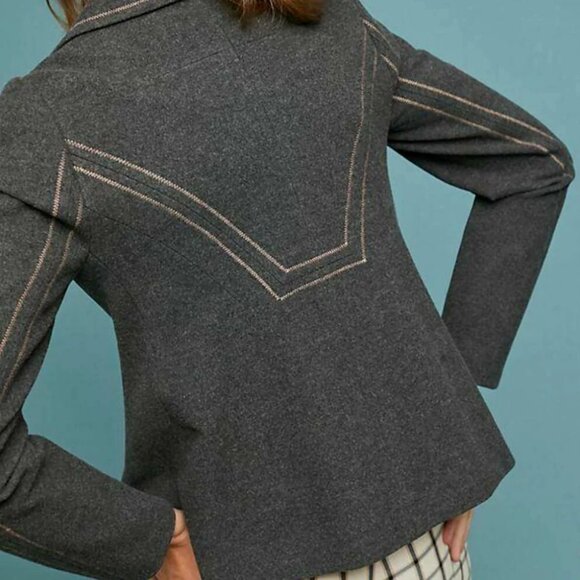Anthropologie Jacket Peacoat Womens 2 Gray Cropped Blazer Contrast Trim Relaxed - Picture 7 of 13